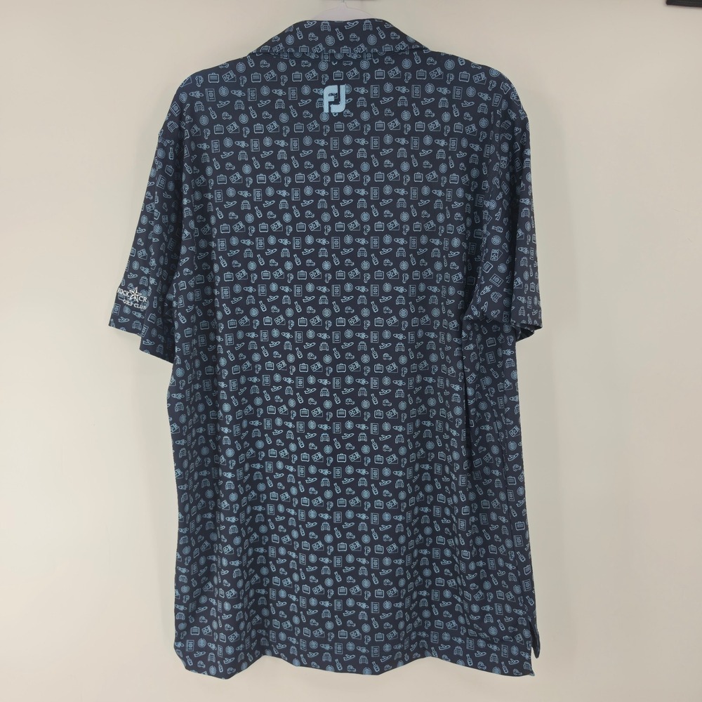 FootJoy Mens Large Navy Blue Travel Print Performance Golf Polo Rock Creek Club - Picture 7 of 7